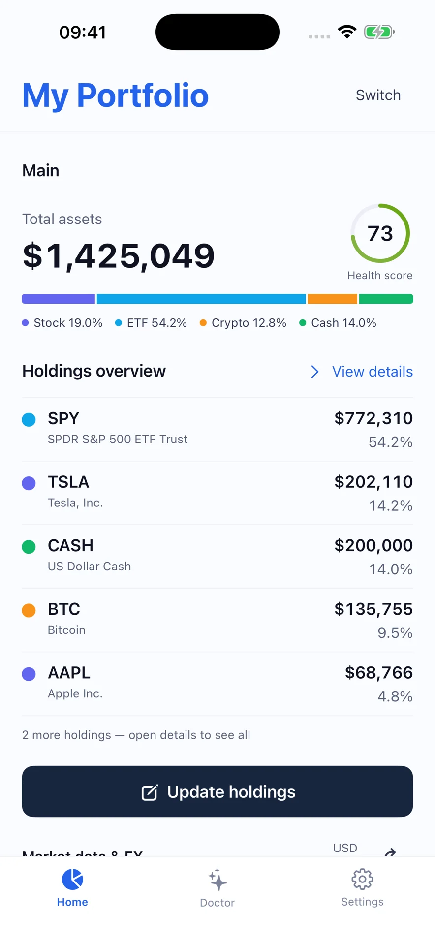 PFolioAI：组合概览 · 资产、持仓与组合健康信息。